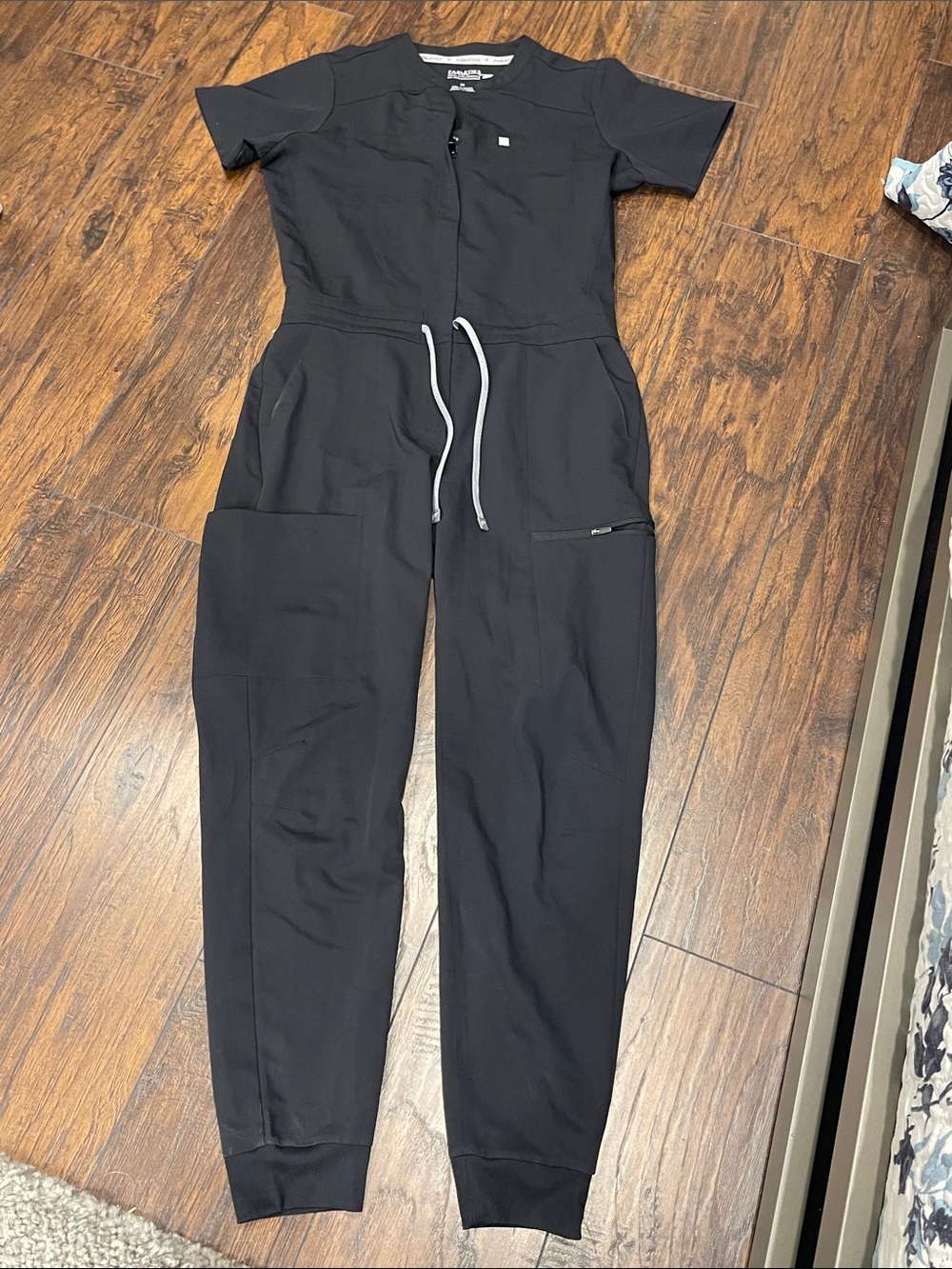 Fabletics Black Short-Sleeve Zip-Front Utility Jumpsuit